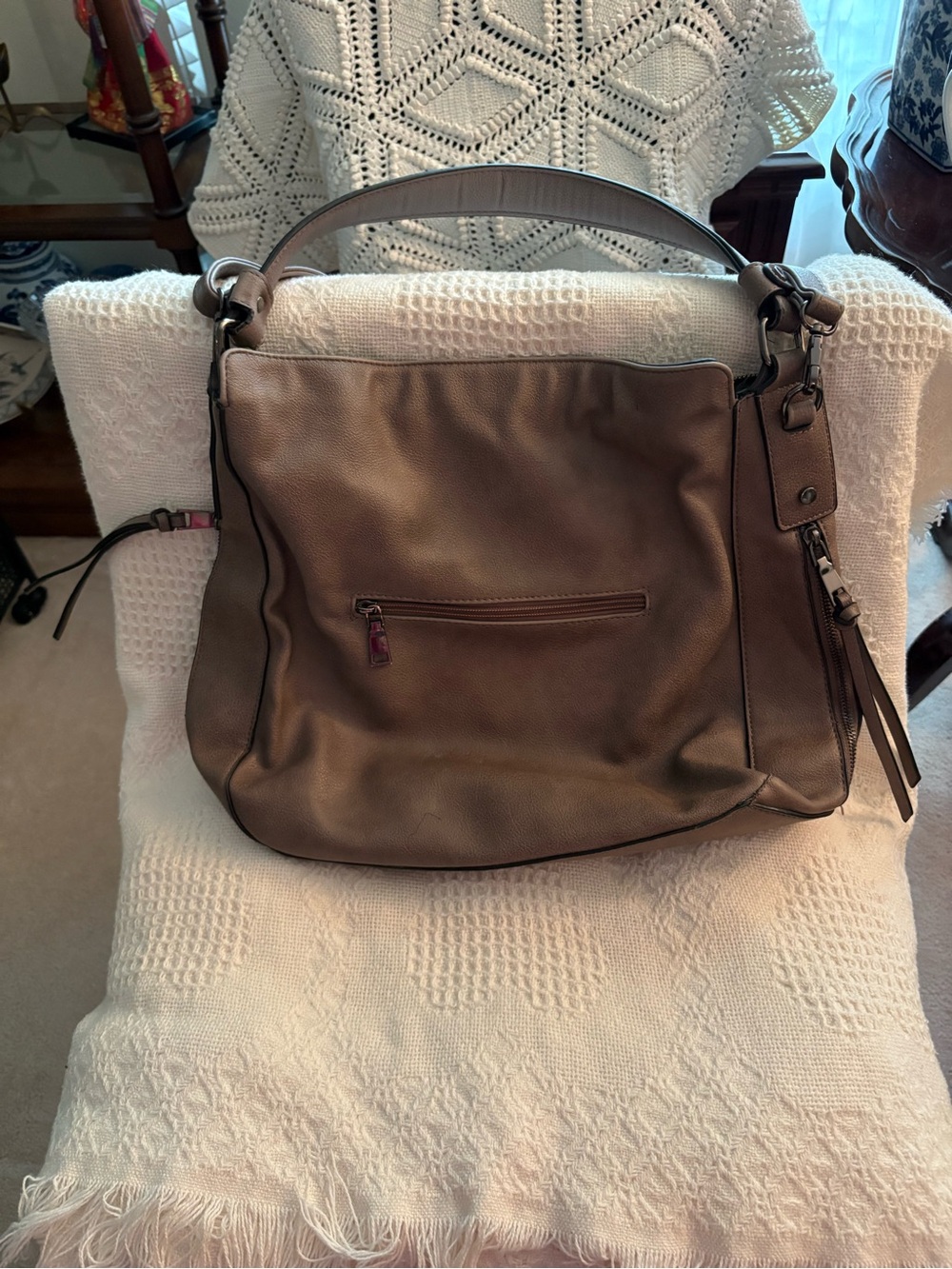 Everyday Taupe Leather Shoulder Bag with Front Zip Pocket - Picture 1 of 1